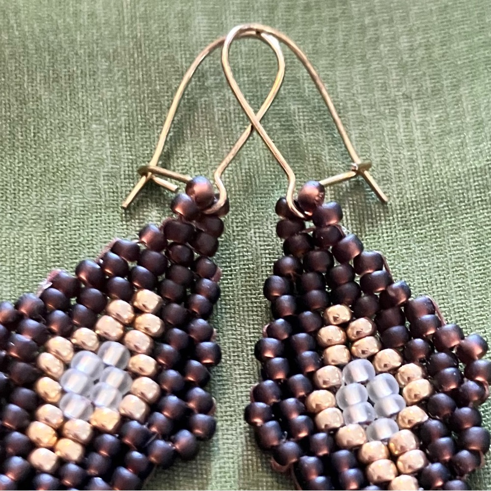 HAND CRAFTED BOHEMIAN BEADED EARRINGS *BROWN & GOLD GLASS BEADS *LIGHTWEIGHT - Picture 7 of 10